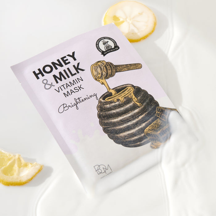BOM Honey & Milk Vitamin Mask - skaistinančios odą lakštinės veido kaukės, 10 vnt