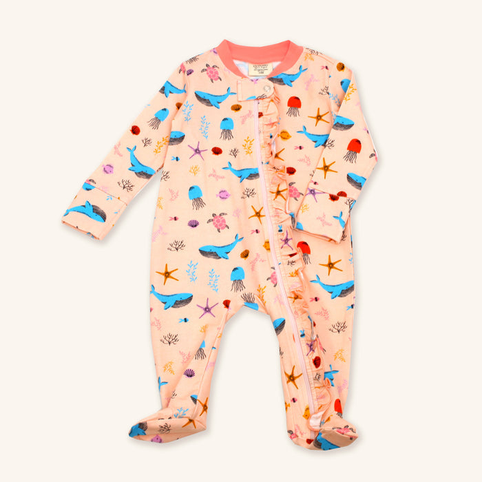 Bora Bora Ruffle Zipper Baby Girl Footie Romper (Organic Cotton) - Viverano