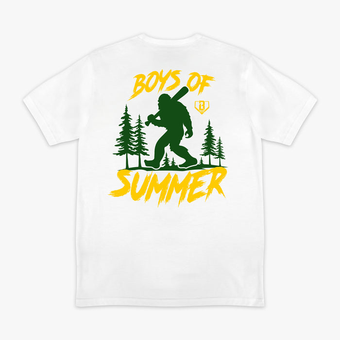 Camp Collection Summer Tee white baseball Bigfoot holding bat pine trees back graphic shirt
