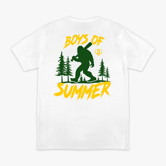 Camp Collection Summer Tee white baseball Bigfoot holding bat pine trees back graphic shirt