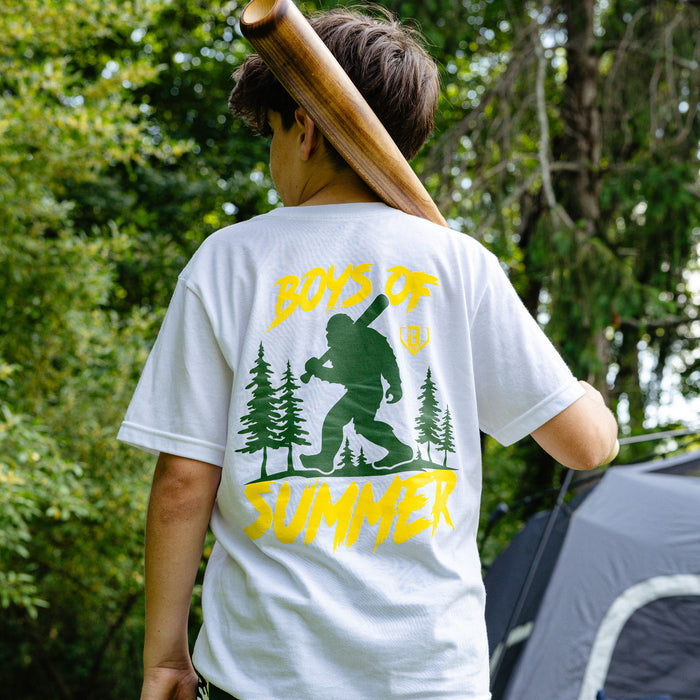 White baseball bat Bigfoot graphic tee shirt Summer Camping