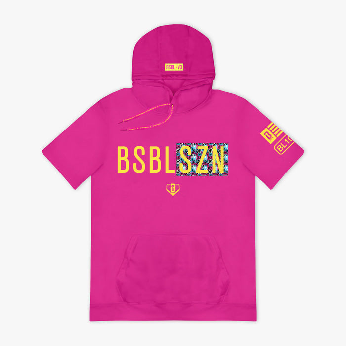 Pink and smiley slugger BSBL-SZN short sleeve hoodie — front view