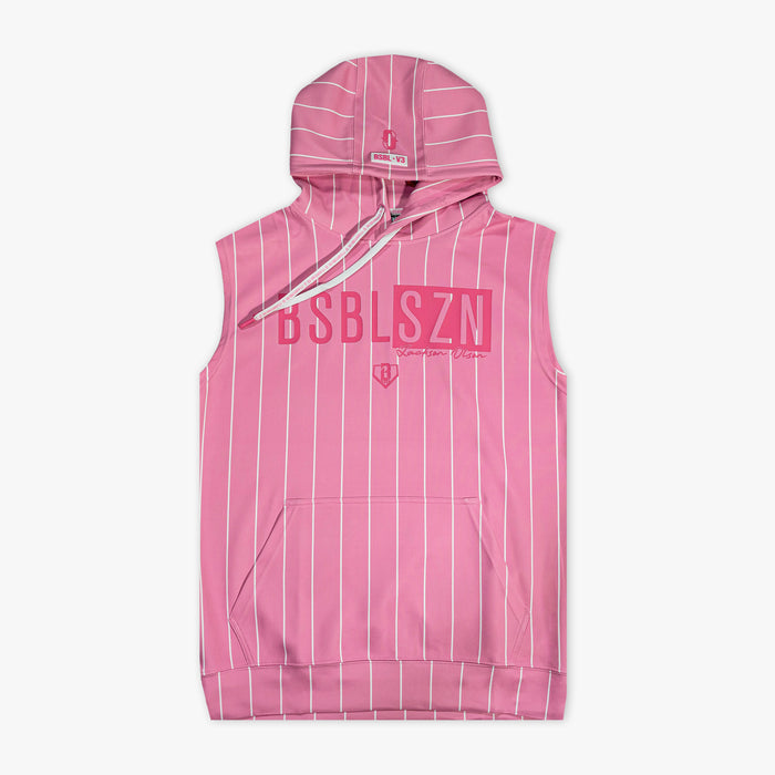Pink sleeveless hoodie with white stripes and branding on a white background