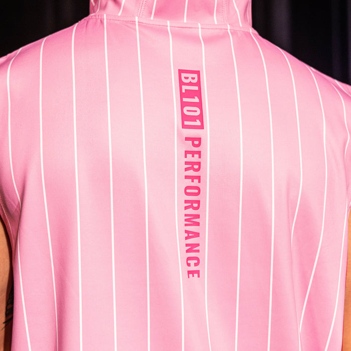 Back view of the pink pinstripe BSBL-SZN Short Sleeve Hoodie V3 showing the vertical "BL101 Performance" graphic down the center