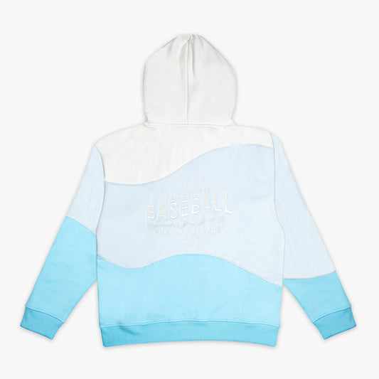 Three-toned light blue and white hoodie with 'Authentic Baseball Lifestyle PREMIUM APPAREL' text on a white background