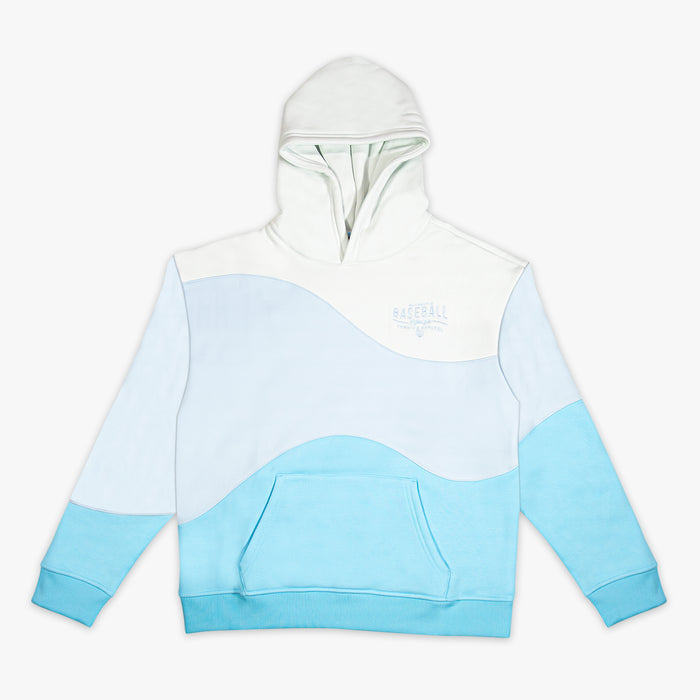 Color-blocked hoodie with white and light blue sections on a white background