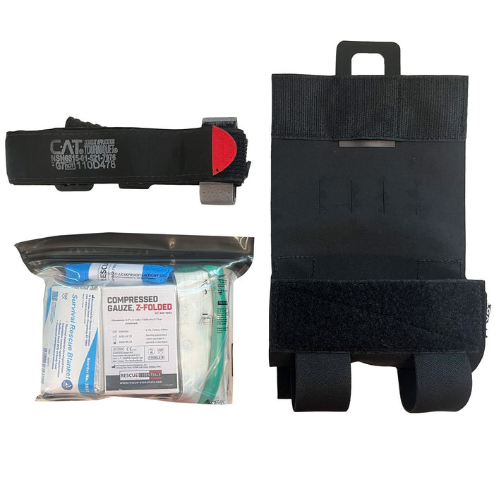Burrito IFAK, black, CAT tourniquet, waterproof pouch with contents, and pouch