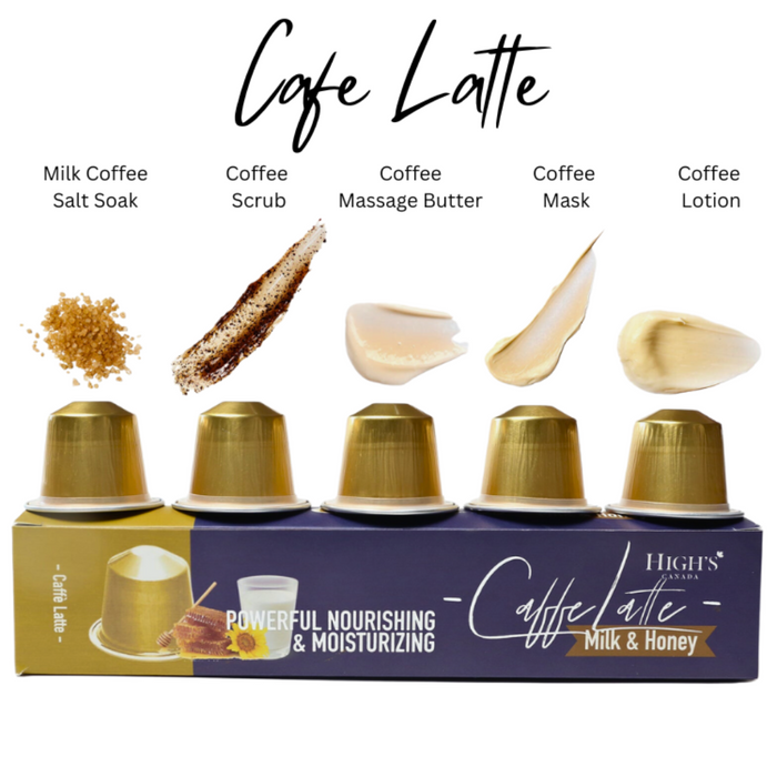 Highs Coffee Milk and Honey Pedicure salts and creams in pods on top of a pod sleeve