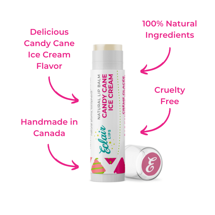 Lip balm tube with Candy Cane Ice Cream label.