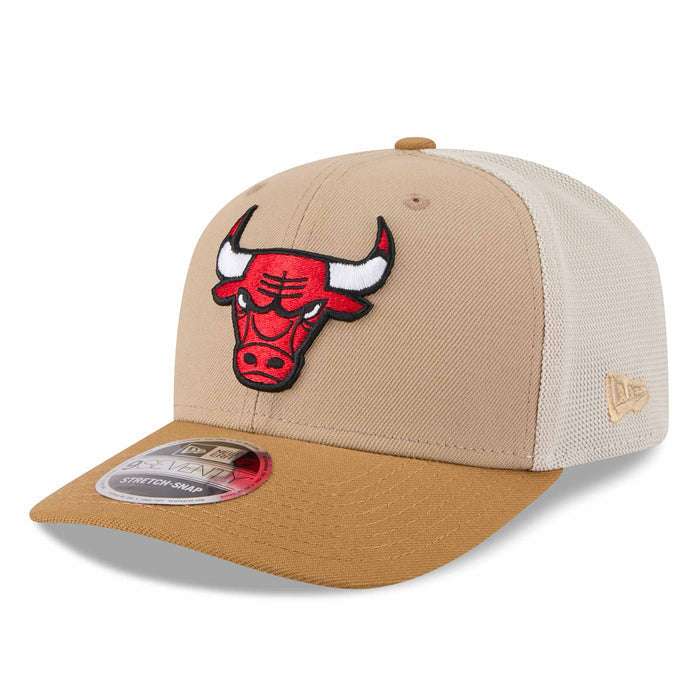 Chicago Bulls New Era Khaki Bulls Head Logo 9SEVENTY Stretch Fit Mesh Trucker Adjustable Cap