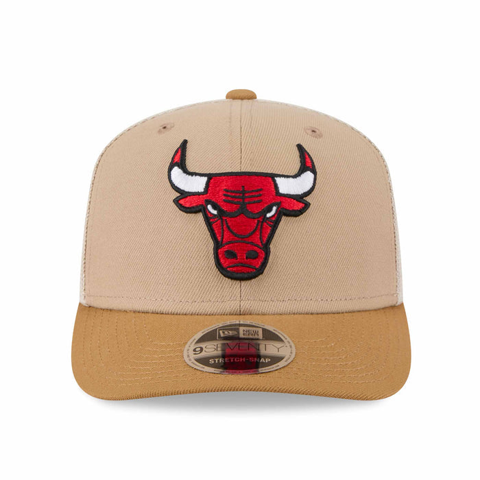 Chicago Bulls New Era Khaki Bulls Head Logo 9SEVENTY Stretch Fit Mesh Trucker Adjustable Cap