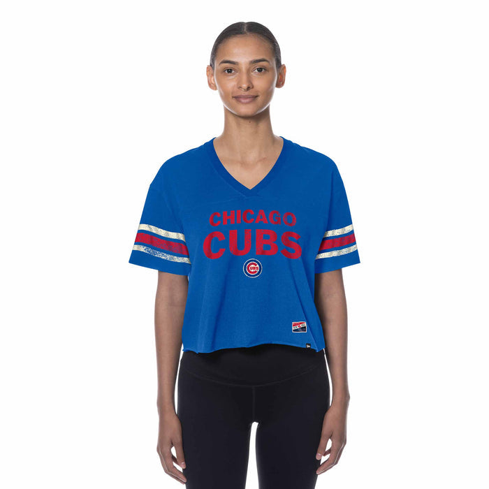 Chicago Cubs Women's New Era Crop Top V Neck T-Shirt