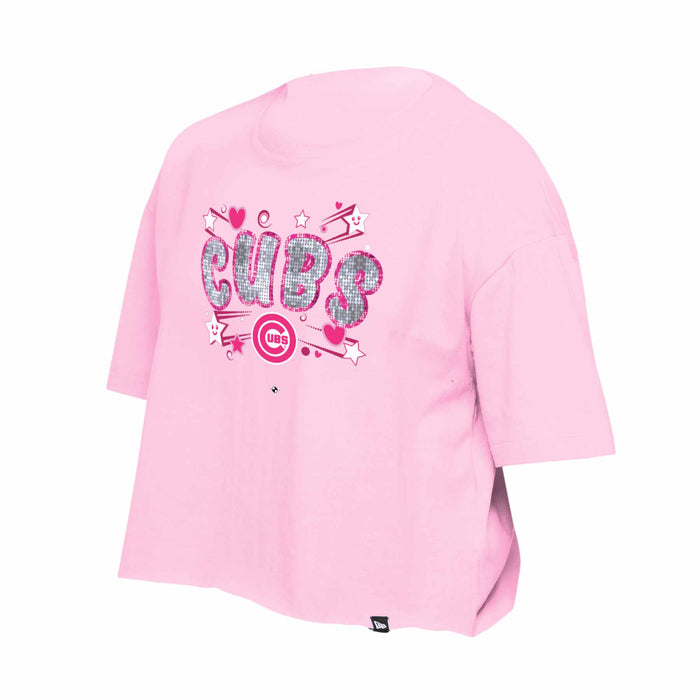 Chicago Cubs Youth Girls New Era Pink Crop Top T-Shirt