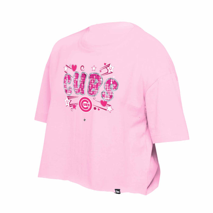 Chicago Cubs Youth Girls New Era Pink Crop Top T-Shirt
