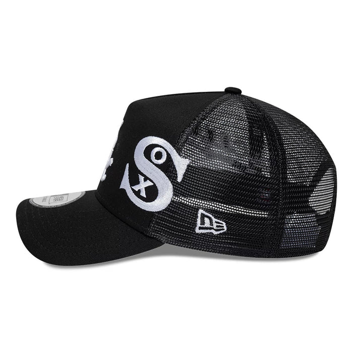 Pictured is this MLB Patch Chicago White Sox 9FORTY A-Frame Trucker cap in black. 5