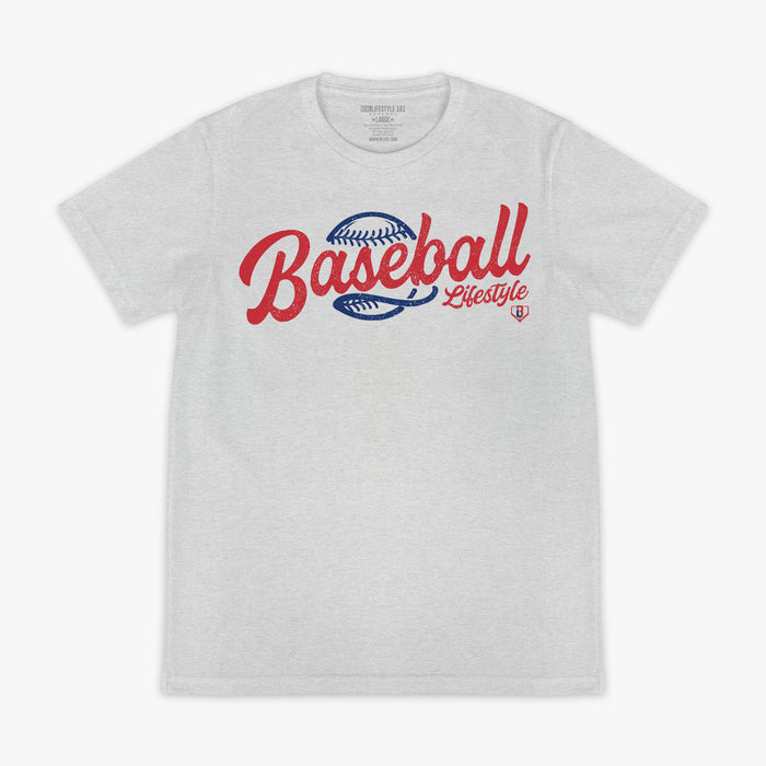 Front flat lay of the BL101 Baseball Lifestyle heather gray tee, featuring a vintage-style red script "Baseball Lifestyle" graphic with a blue baseball on a white background