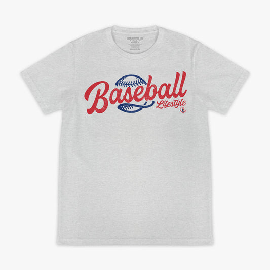 Front flat lay of the BL101 Baseball Lifestyle heather gray tee, featuring a vintage-style red script "Baseball Lifestyle" graphic with a blue baseball on a white background