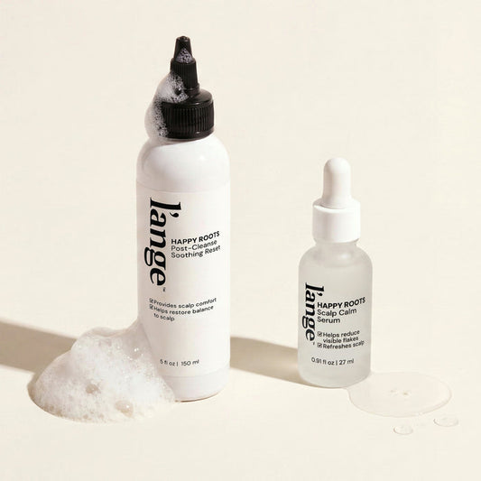 Happy Roots Scalp Calm Serum and Happy Roots Post-Cleanse Clarifying Wash bundle, on beige background