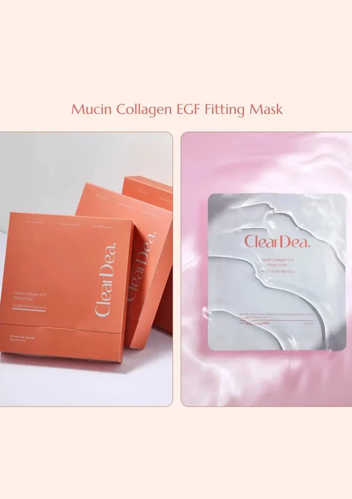 Two panels showing ClearDea Mucin Collagen EGF Fitting Mask packaging: orange boxes on the left and a silver foil mask packet on a pink background on the right, with the text 'Mucin Collagen EGF Fitting Mask' above.