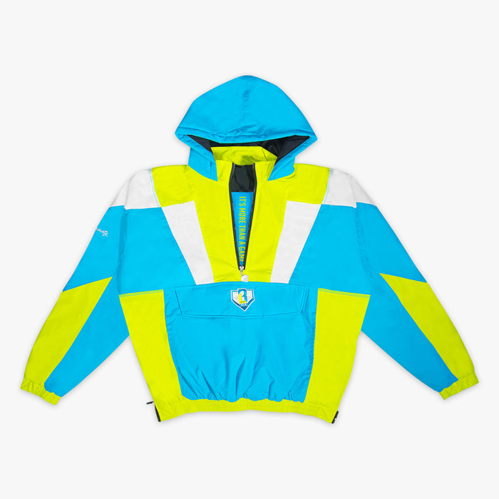 Blue and yellow pullover jacket with a BL101 logo on a white background