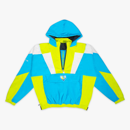 Blue and yellow pullover jacket with a BL101 logo on a white background
