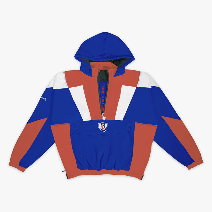 Color-blocked jacket with blue, red, and white sections on a white background