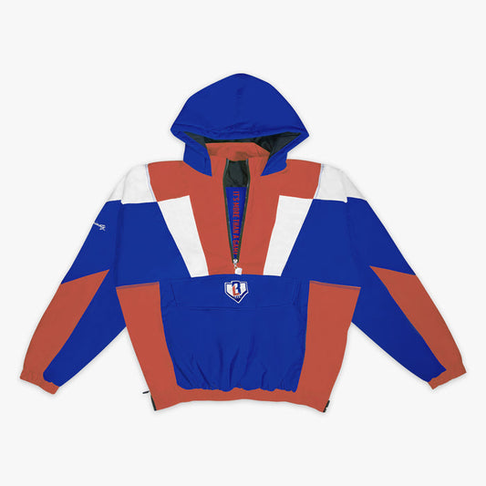 Color-blocked jacket with blue, red, and white sections on a white background
