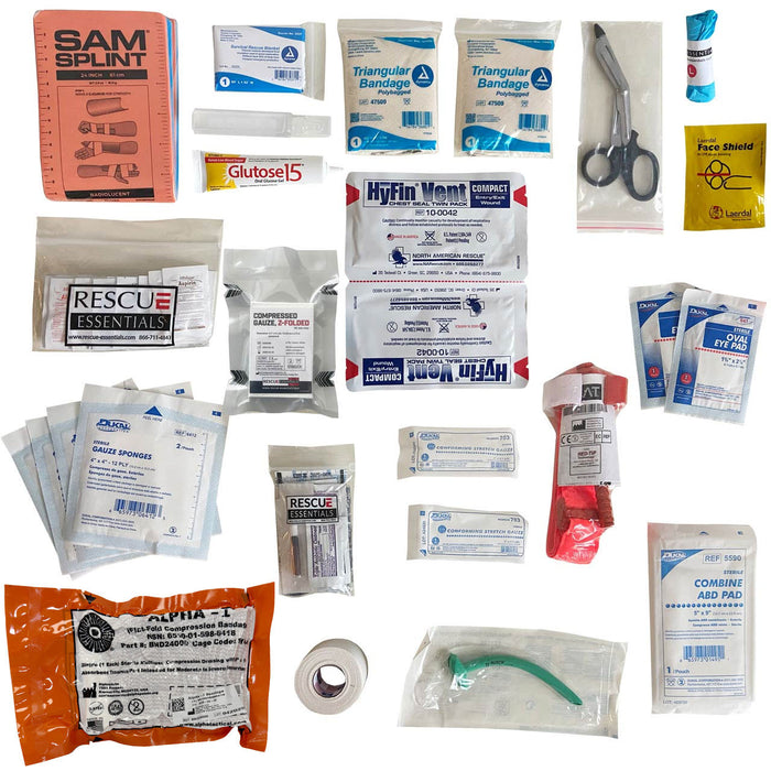 Compact First Responder CFR Kit components: CAT tourniquet, Hyfin Vent Chest Seal, gauze, pressure dressing, more