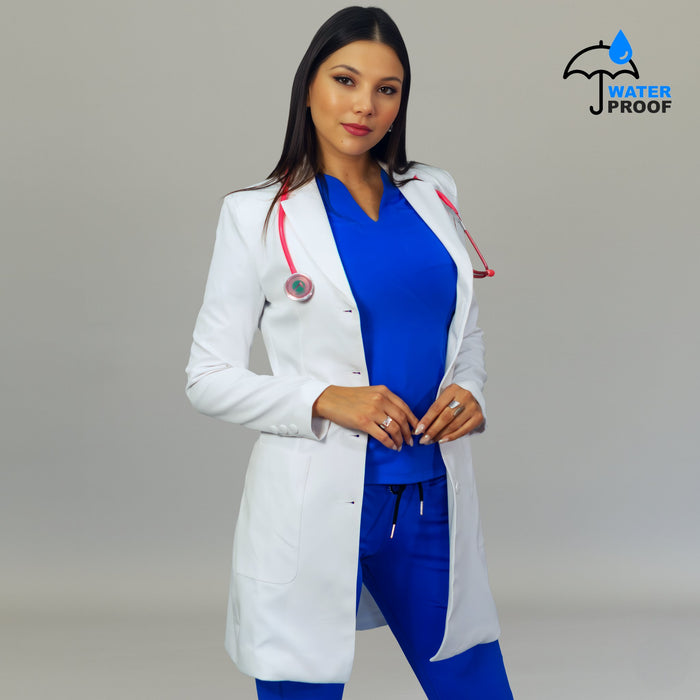 Women’s white stretch lab coat open front with stethoscope and professional fit