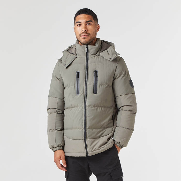 Men's  Washed Khaki Contrast Panel Puffer Jacket  Closure London  Front View