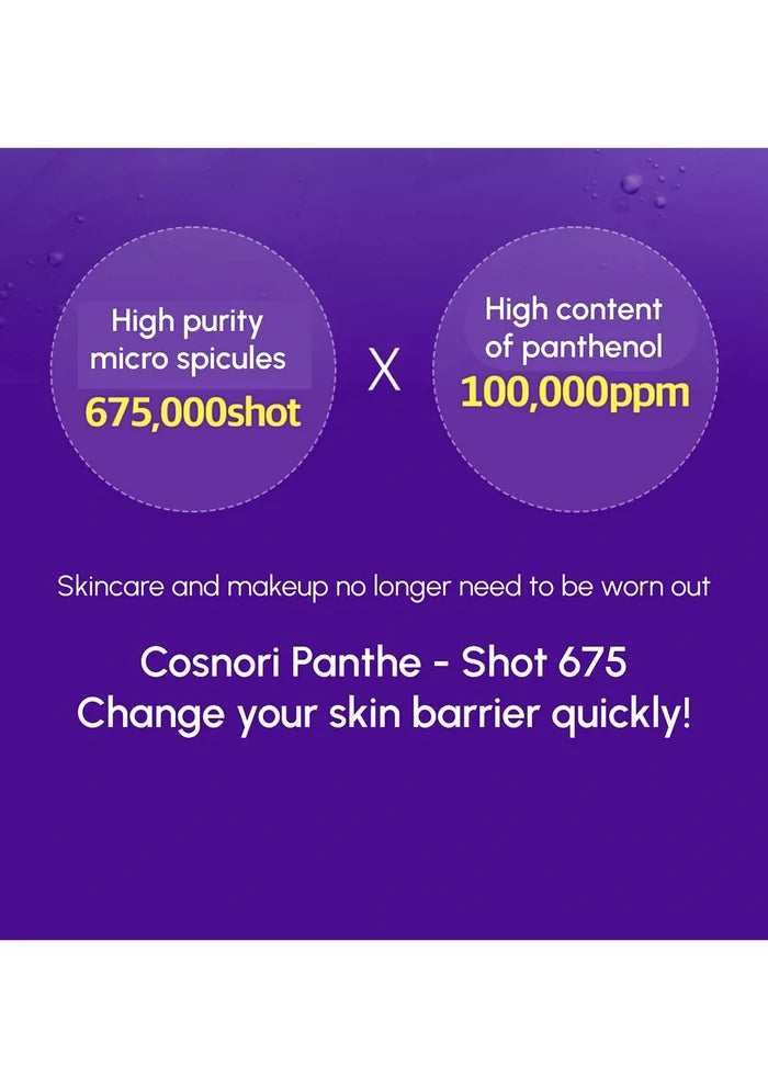 Advertisement for Cosnori Panthe-Shot 675 with text about high purity micro spicules and panthenol content on a purple background.