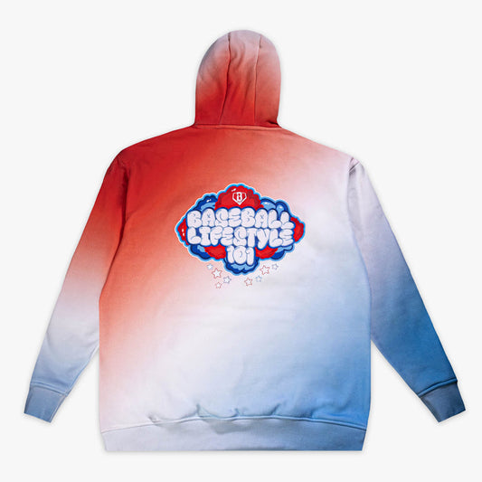 Red, white & blue Cotton Candy USA hoodie — back view