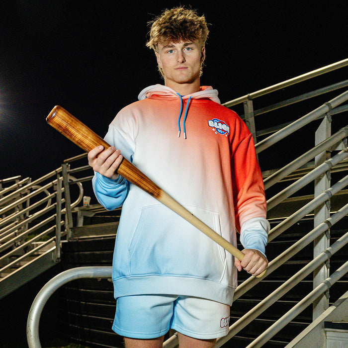 Adult model wearing red, white & blue Cotton Candy USA hoodie
