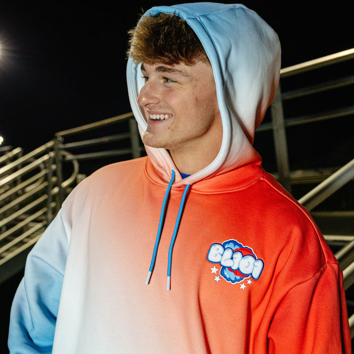 Adult model wearing red, white & blue Cotton Candy USA hoodie
