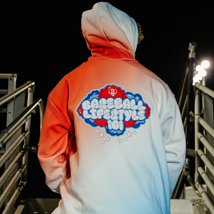 Adult model wearing red, white & blue Cotton Candy USA hoodie