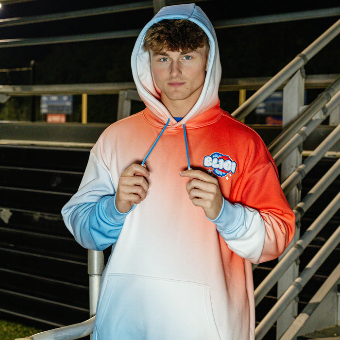 Adult model wearing red, white & blue Cotton Candy USA hoodie