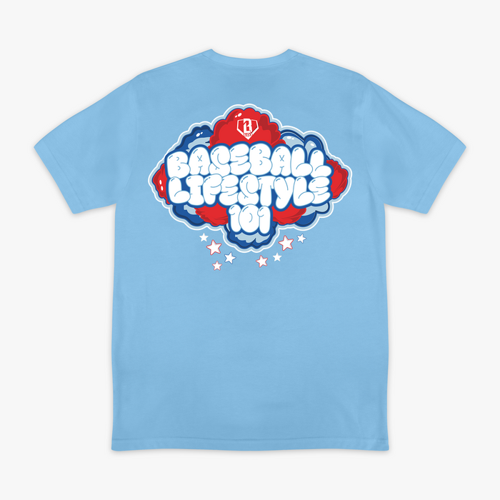 Red, white & blue Cotton Candy Light Blue graphic tee — back view