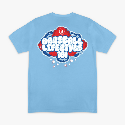 Red, white & blue Cotton Candy Light Blue graphic tee — back view