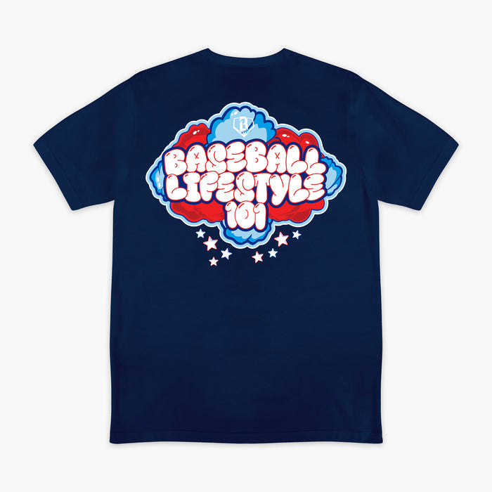 4th of July navy tee with red, white, and blue cotton candy Baseball Lifestyle 101 graphic shirt