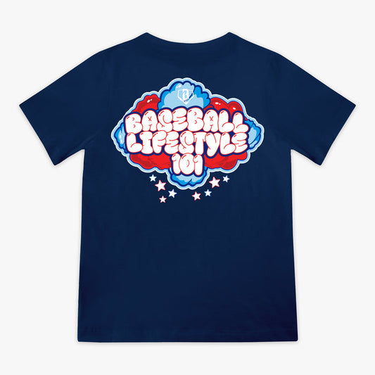 4th of July navy baseball youth tee red, white, and blue cotton candy