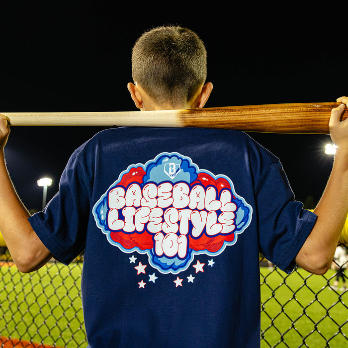 Baseball Lifestyle 101 4th of July navy cotton candy tee, red, white, and blue