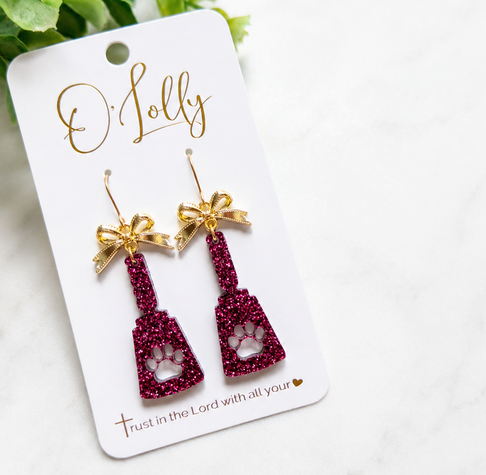 Cowbell Glitter Earrings – Maroon & Gold Bow Dangles