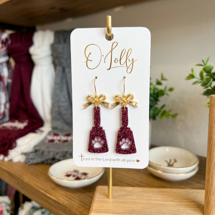 Cowbell Glitter Earrings – Maroon & Gold Bow Dangles