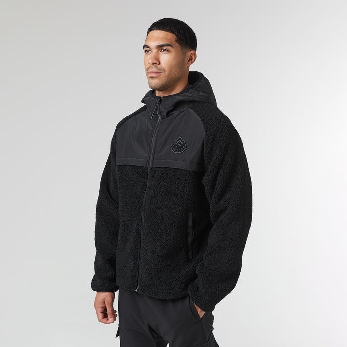 Men's  Black Crinkle Borg Panel Jacket  Closure London  Front View