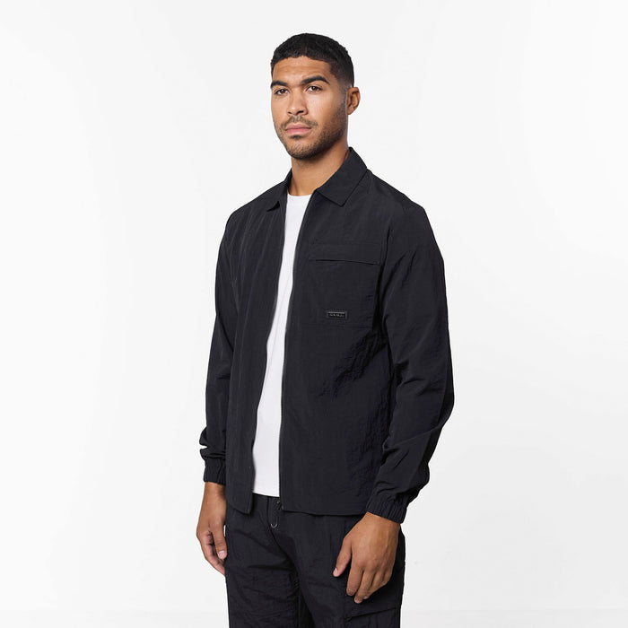 Men's  Black Crinkle Nylon Tech Overshirt  Closure London Front View