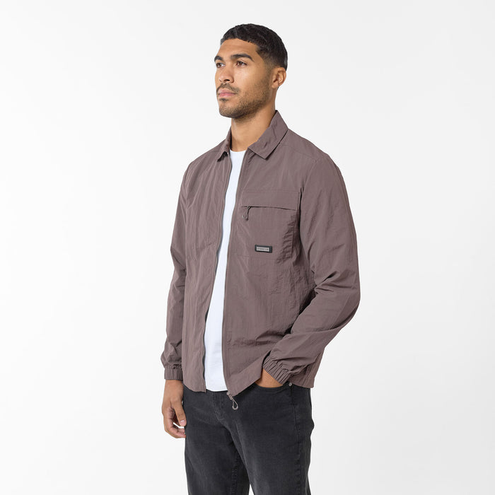 Men's  Brown Crinkle Nylon Tech Overshirt  Closure London  Front View