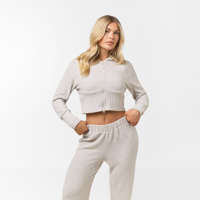 Cropped Knit Hoodie | Oat Marl
