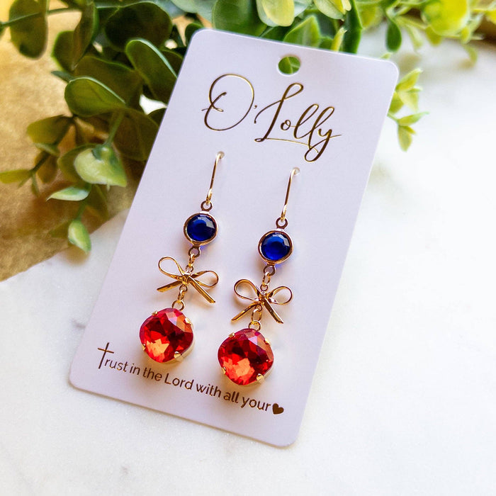 Crystal Bow Dangle Earrings – Red & Blue Rhinestone Earrings – Gold Bow Statement Earrings “Missy”