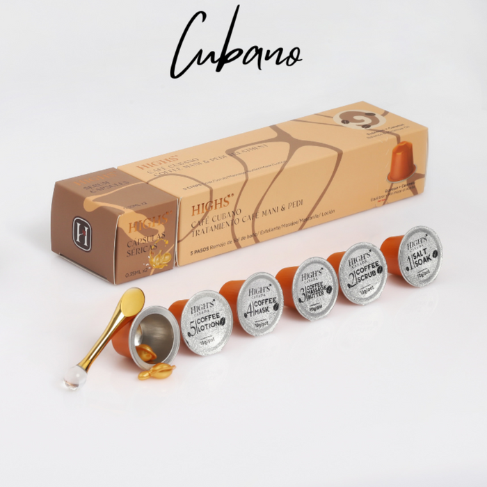 A light brown boxed manicure and pedicure treatment set with various capsules and ampules, displayed on a white background with wording Cubano.
