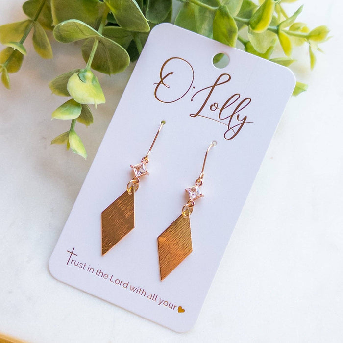 CZ Connector w/Gold Textured Rhombus Dangle Earrings “Misty”